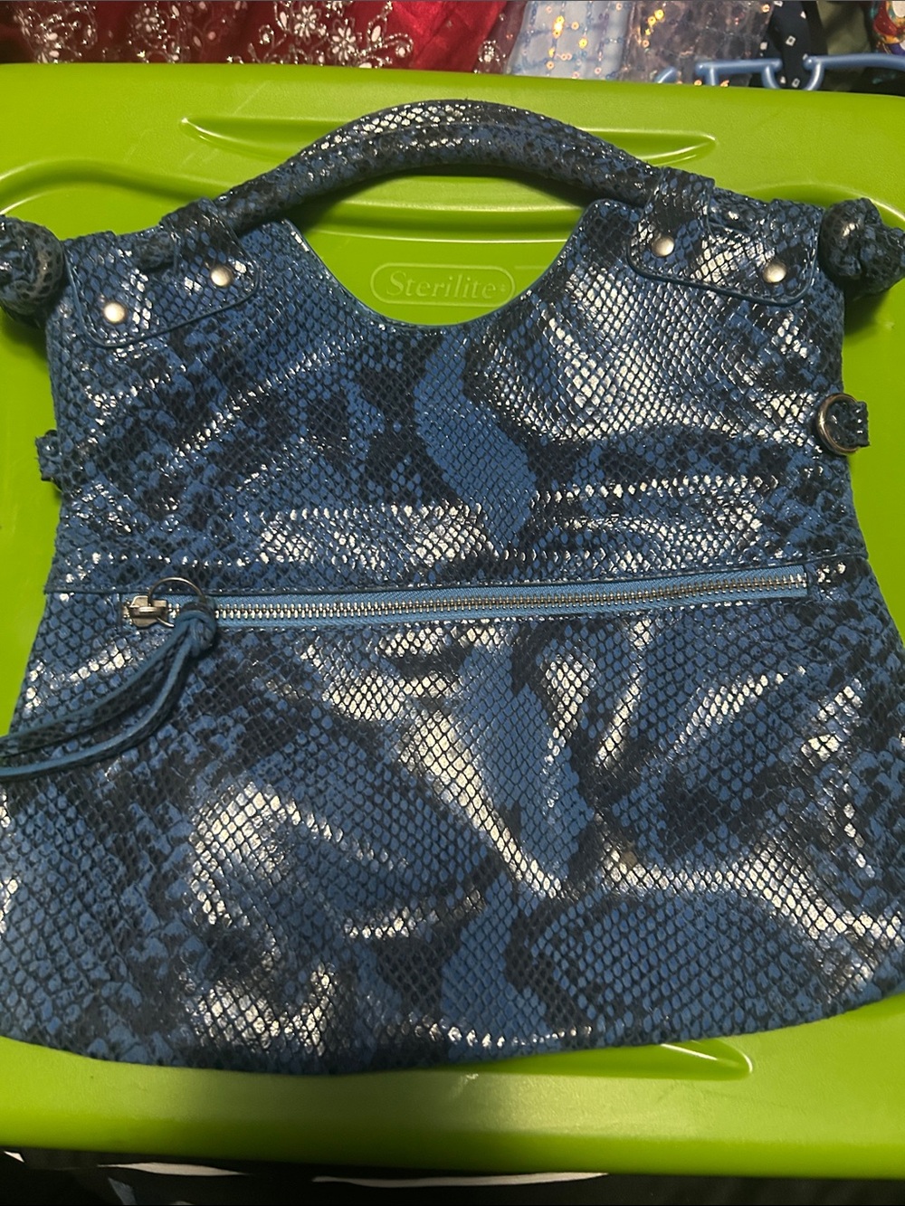 Shiny Blue Snake-Embossed Shoulder Bag with Front Zip